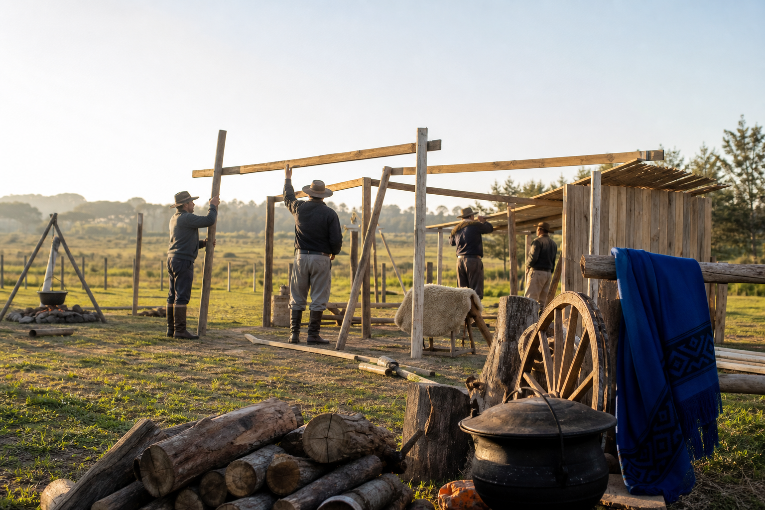 Estruturas de madeira em montagem para o Acampamento Farroupilha, em cenário rural de Eldorado do Sul
