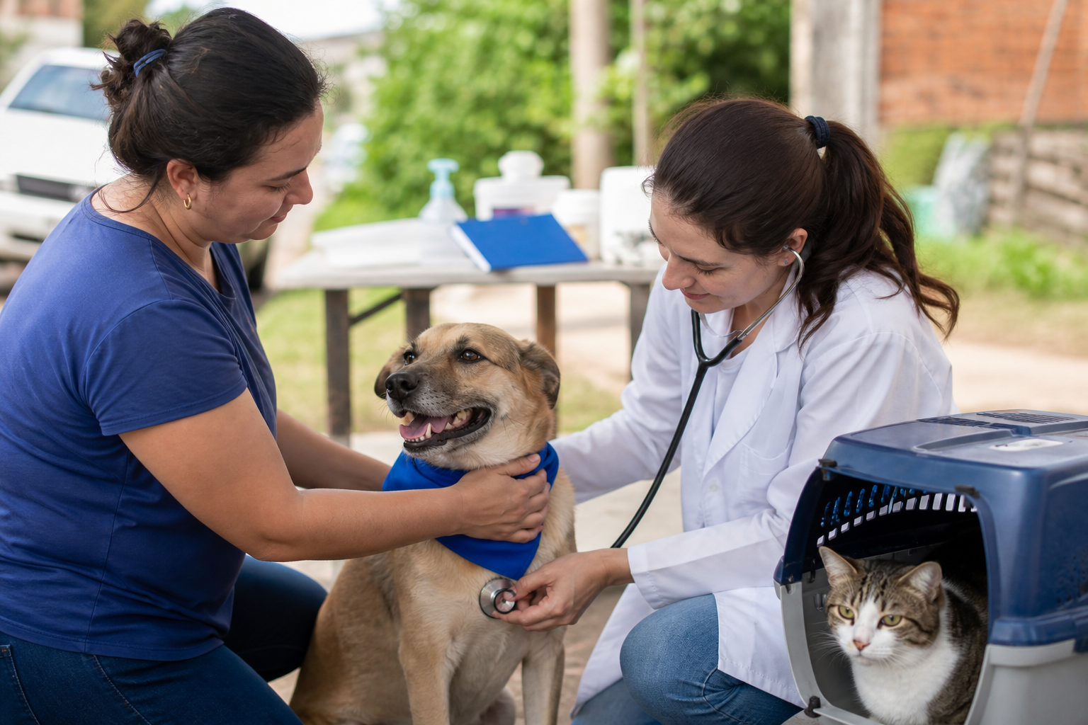 Tutora e veterinária atendem um cachorro, com um gato em caixa de transporte, durante ação comunitária de cuidado animal