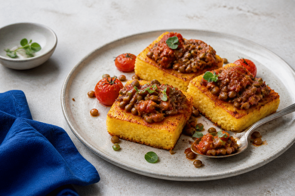 Polenta assada crocante com ragu de lentilhas