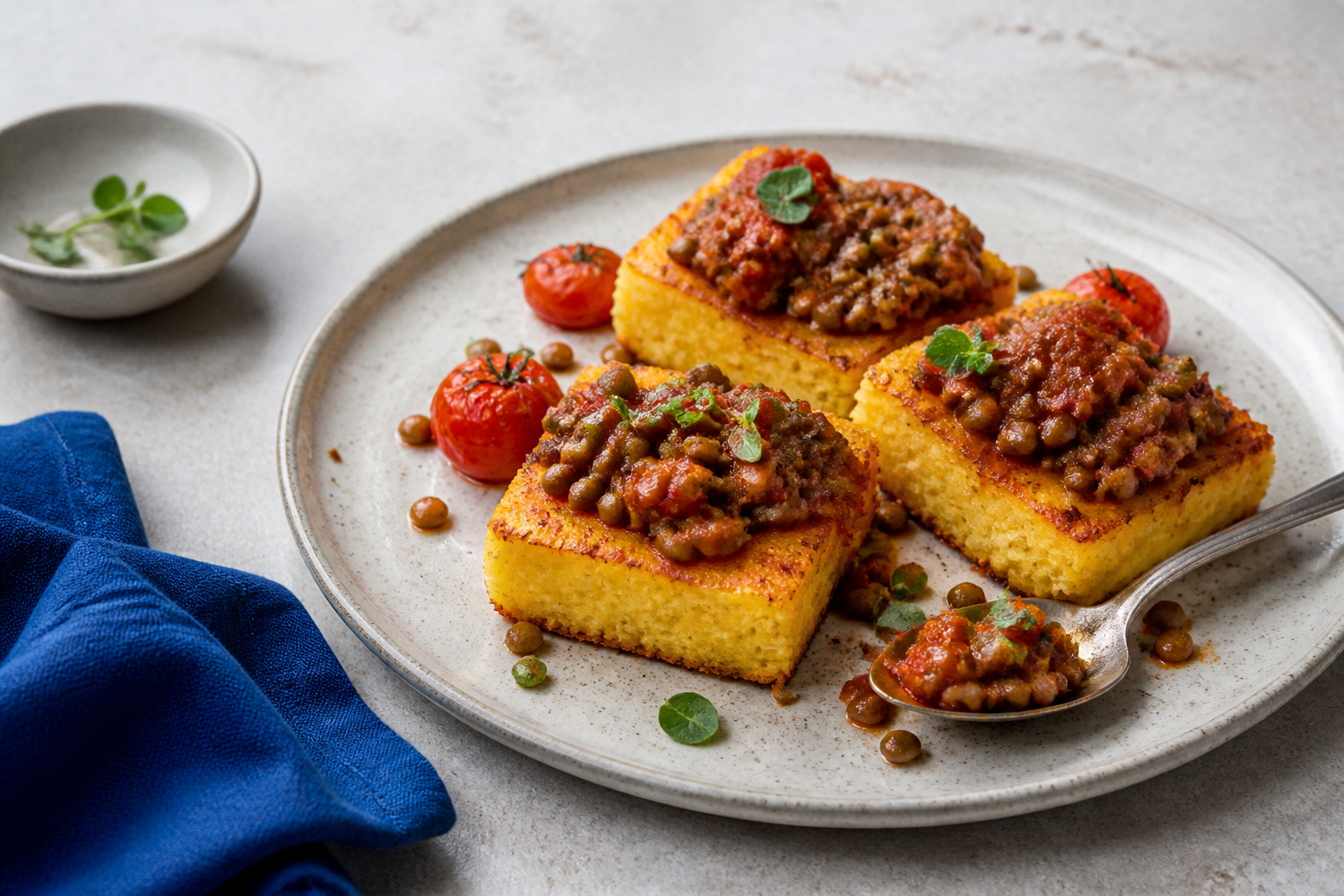 Quadrados de polenta assada dourada com ragu de lentilhas e tomates sobre prato claro