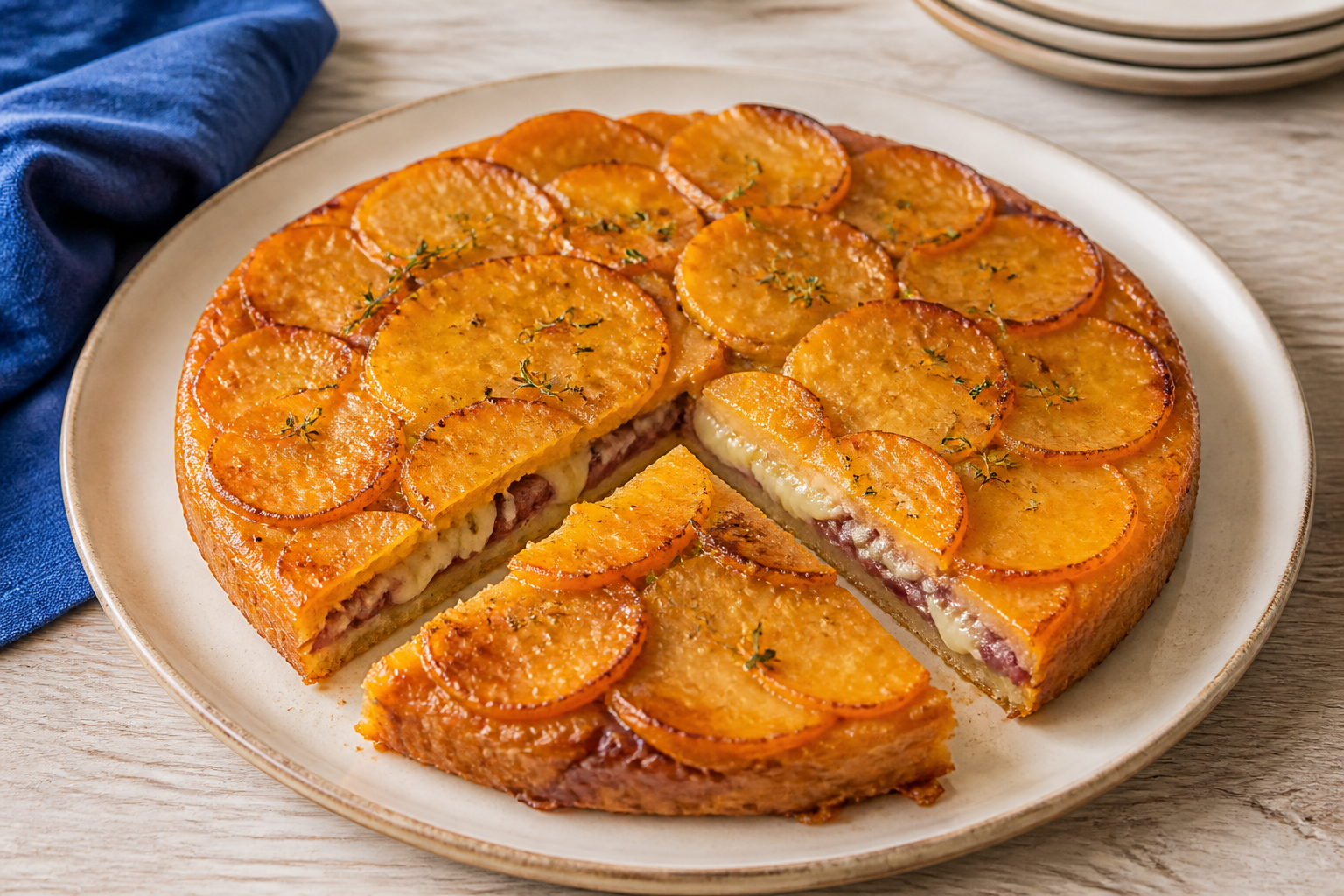Torta invertida dourada com rodelas de batata-doce, cebola-roxa e queijo derretido, servida em prato claro