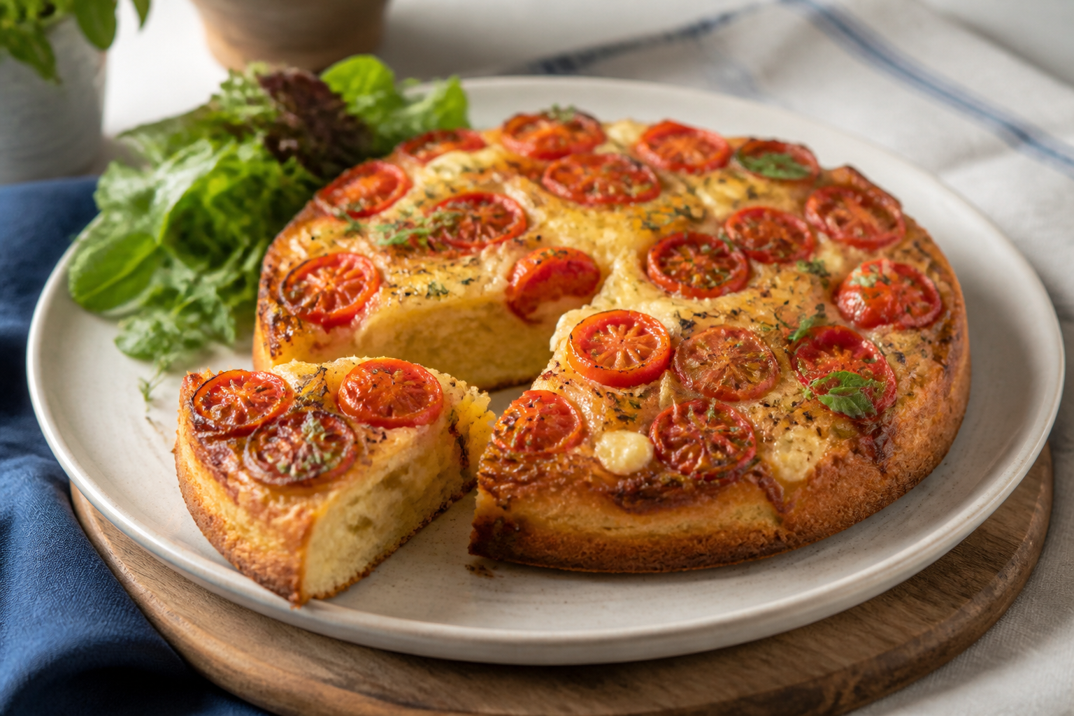 Bolo salgado dourado de fubá coberto com tomates, queijo e ervas, servido em prato claro