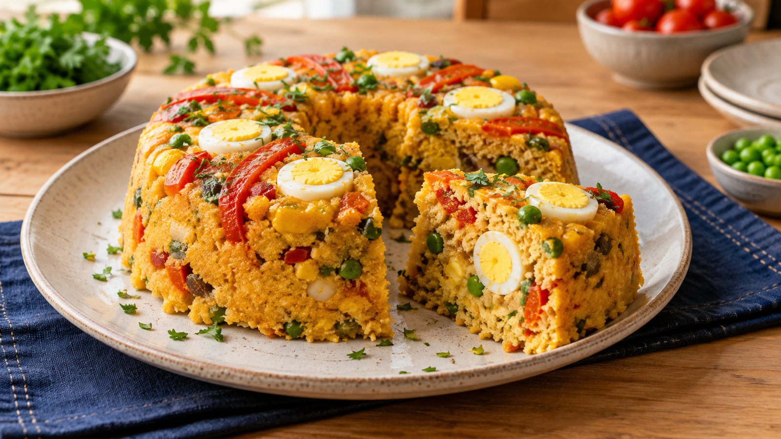 Cuscuz paulista vegetariano desenformado, com tomates, ervilhas, pimentão e ovos de codorna em prato claro