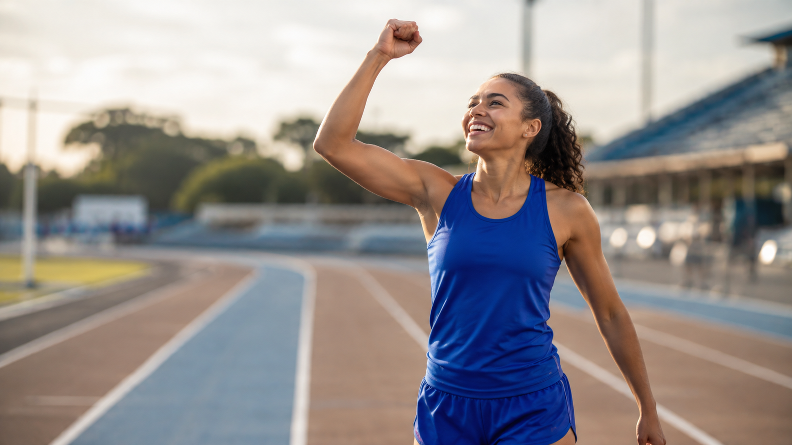 Atleta corre em pista de atletismo e celebra a conclusão de uma prova