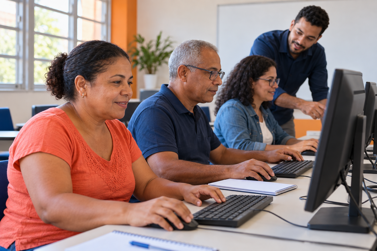 Adultos participam de aula de informática em laboratório, com instrutor orientando a turma