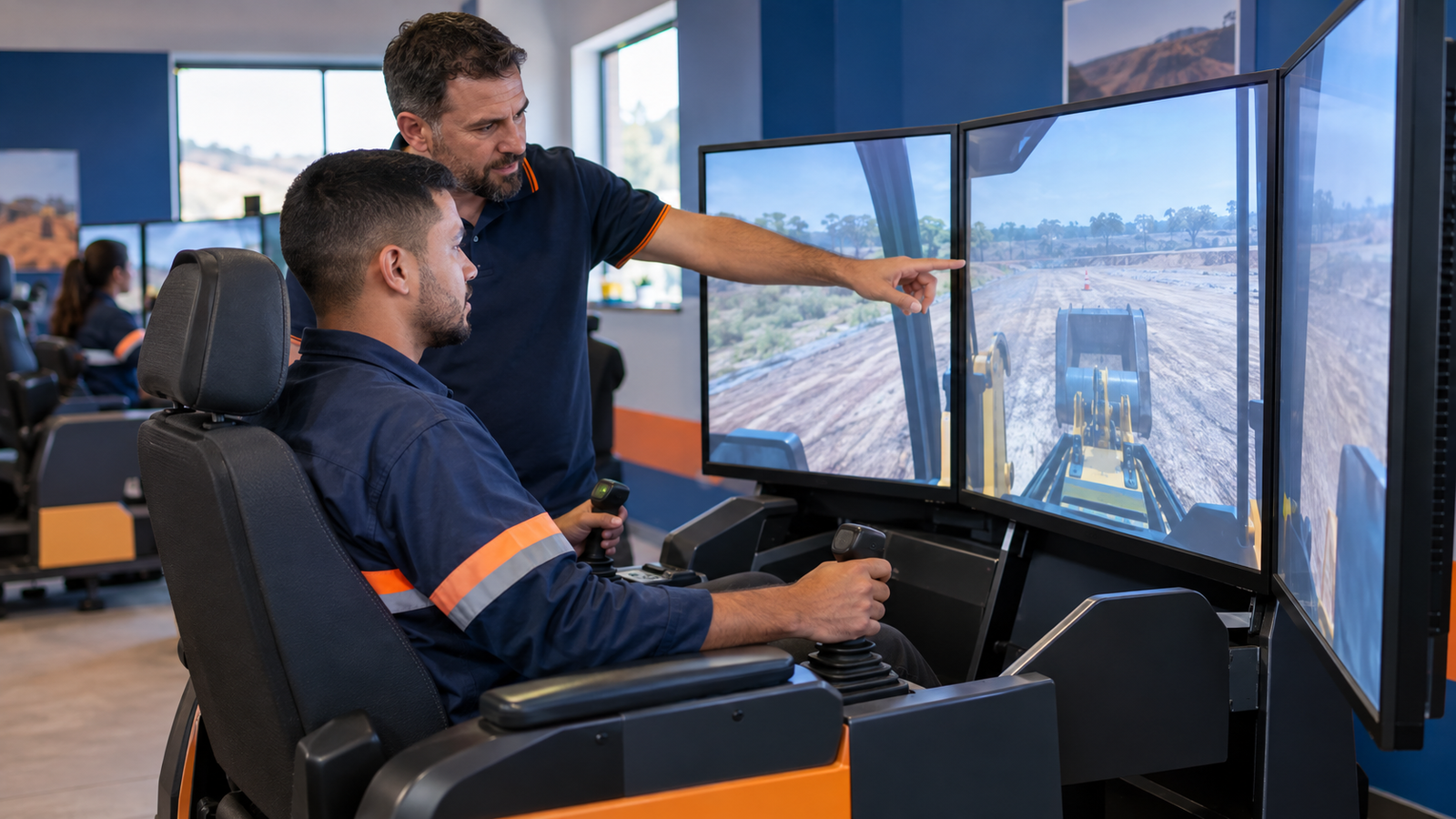 Aluno utiliza simulador de máquinas pesadas enquanto instrutor acompanha treinamento de qualificação profissional