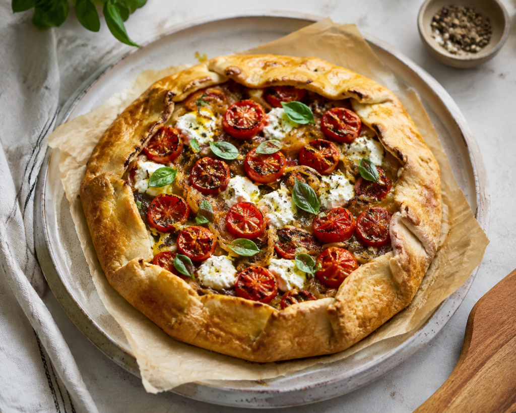 Galette rústica de tomate, ricota e cebola dourada