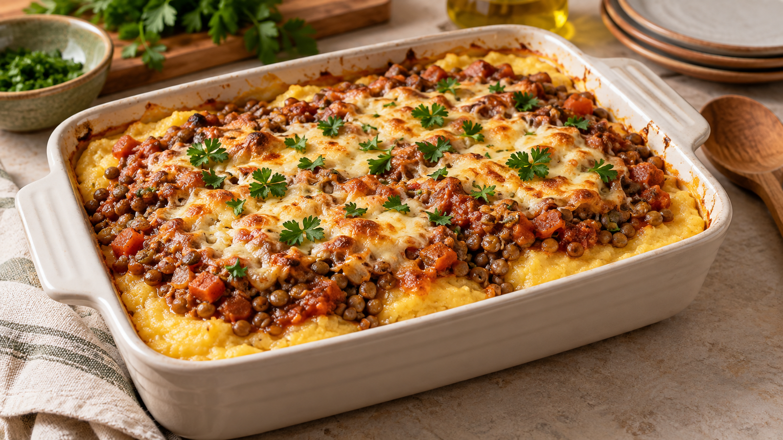 Polenta cremosa assada em refratário, coberta com ragù de lentilhas, queijo dourado e salsa