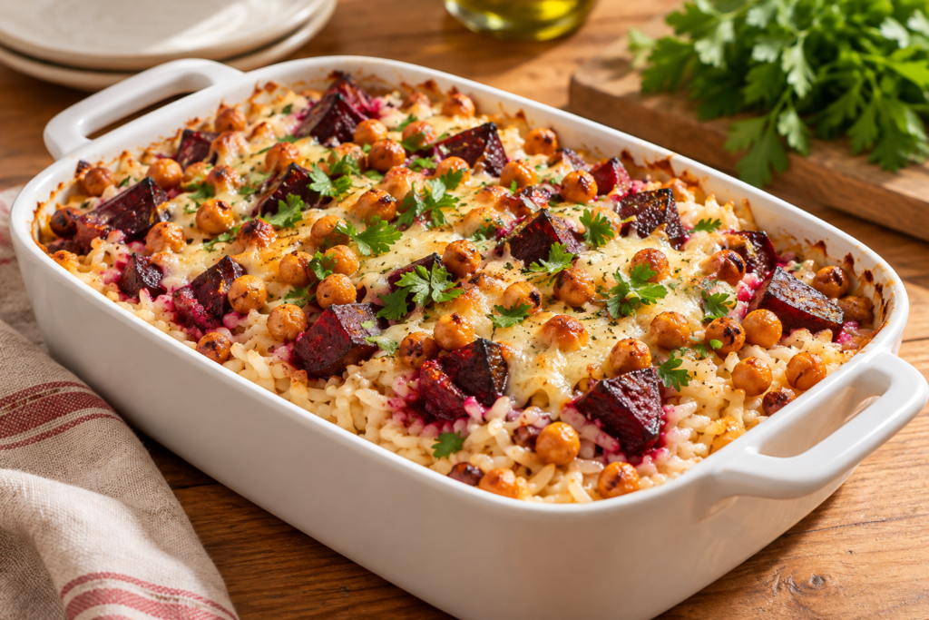 Arroz cremoso de forno com beterraba, grão-de-bico e queijo