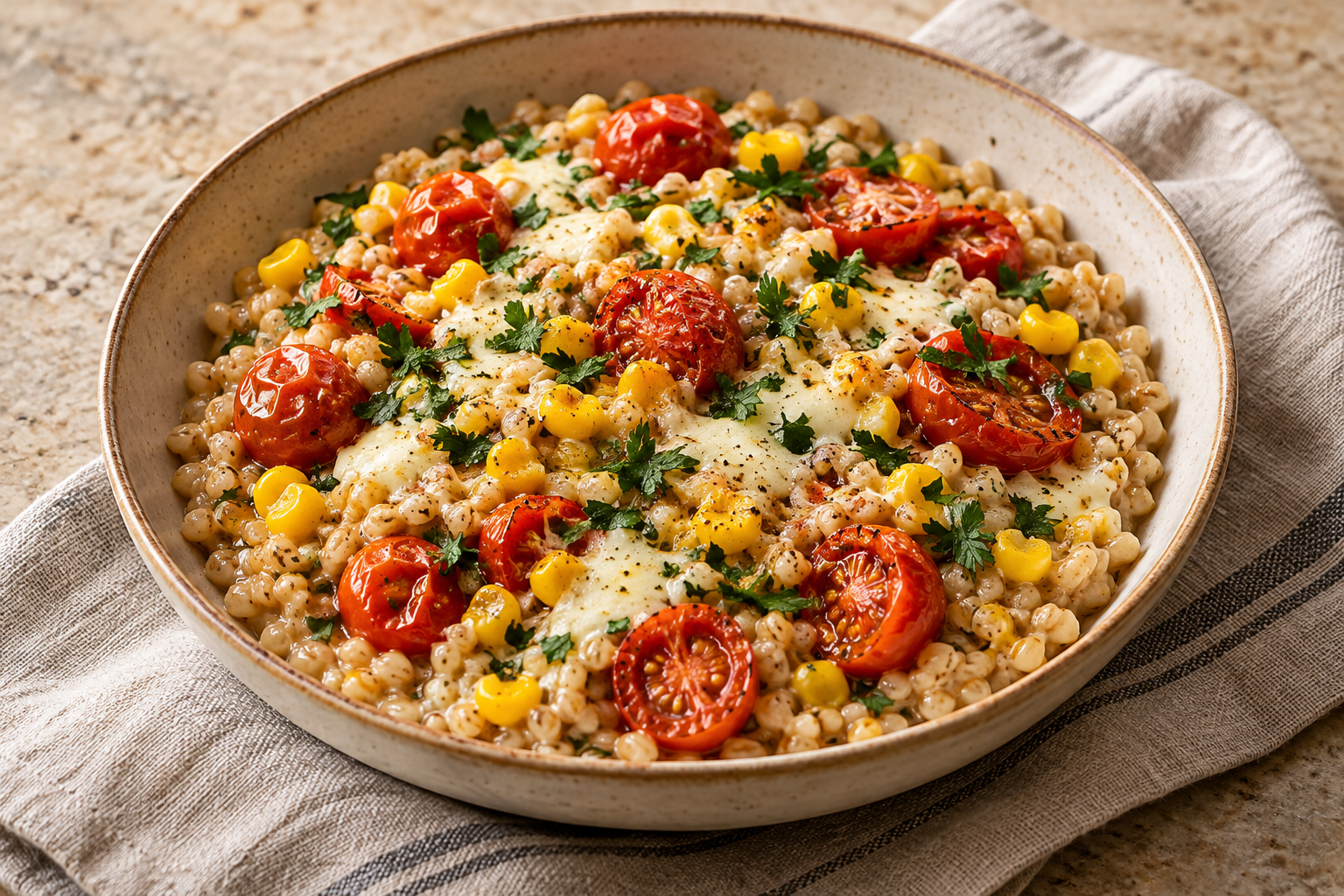 Cevadinha cremosa em tigela com tomates assados, milho, queijo derretido e salsa