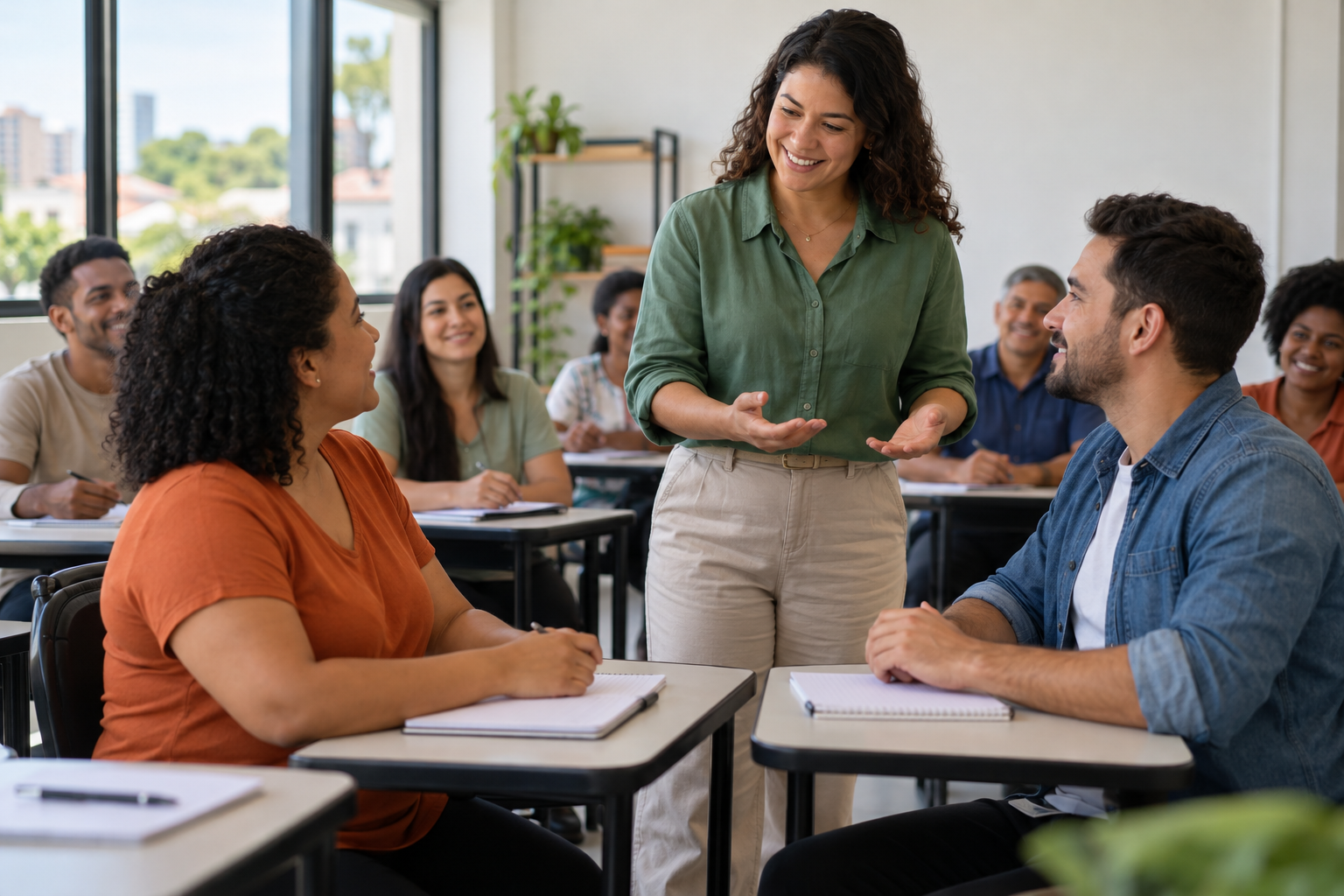 Instrutora conversa com alunos adultos durante aula de qualificação profissional em sala de aula