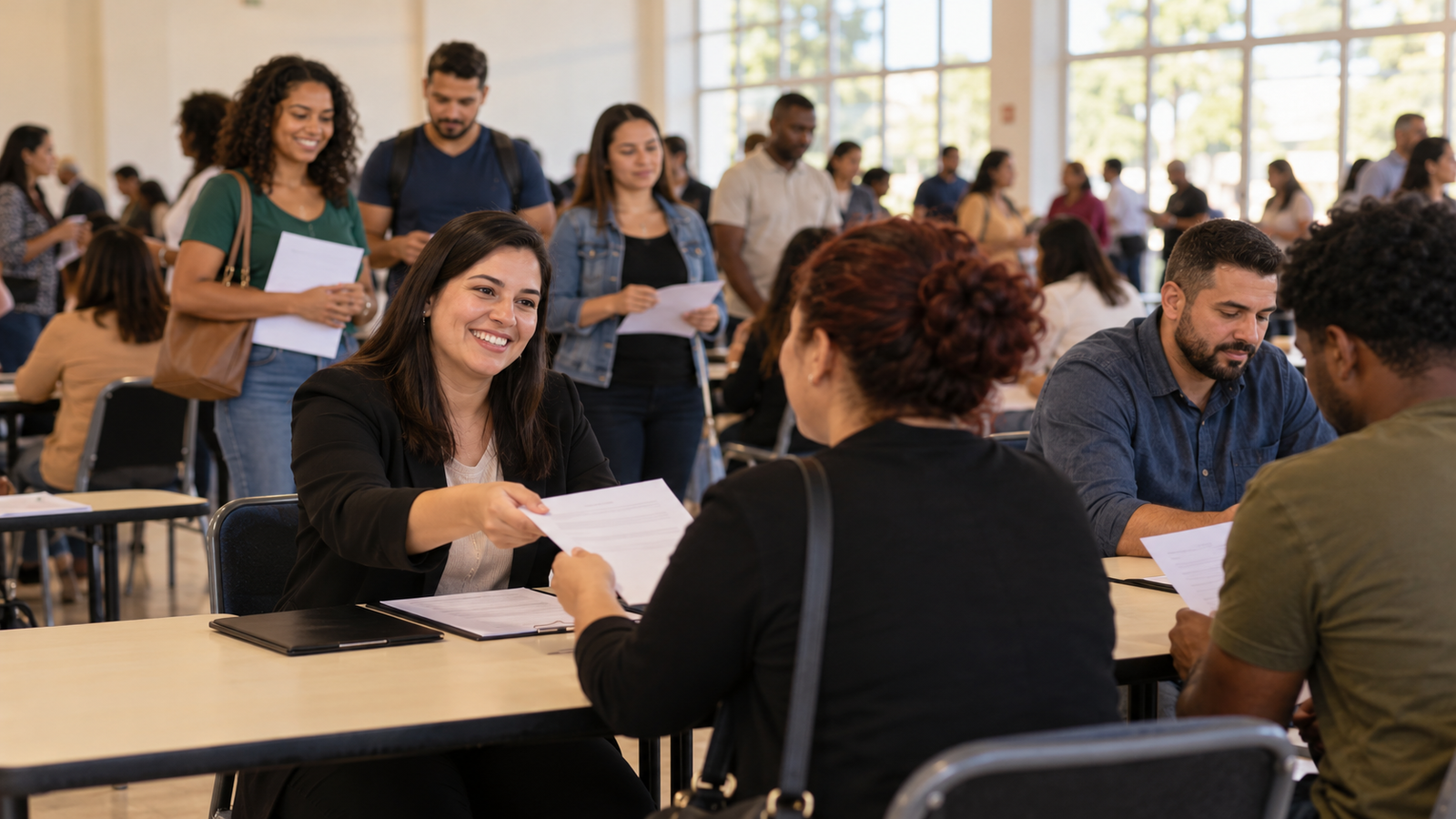 Candidatos entregam currículos e conversam com recrutadores em feirão de empregos realizado em salão comunitário iluminado