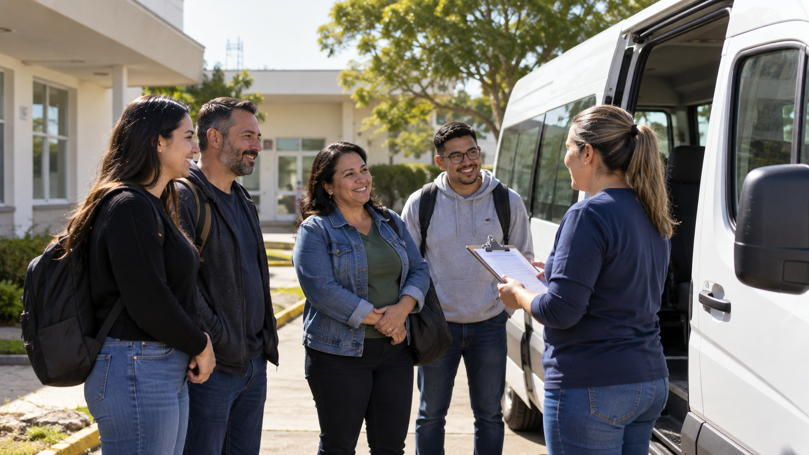 Grupo de voluntários conversa ao lado de van branca de transporte comunitário em frente a unidade de saúde
