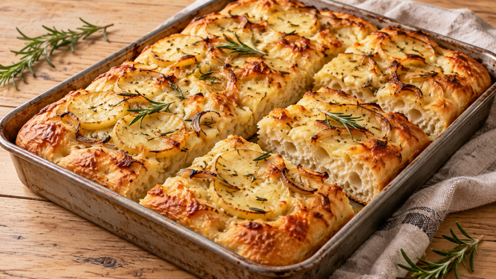 Focaccia de batata com cebola dourada, alecrim e queijo