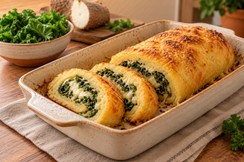 Rocambole de mandioca com couve refogada e queijo