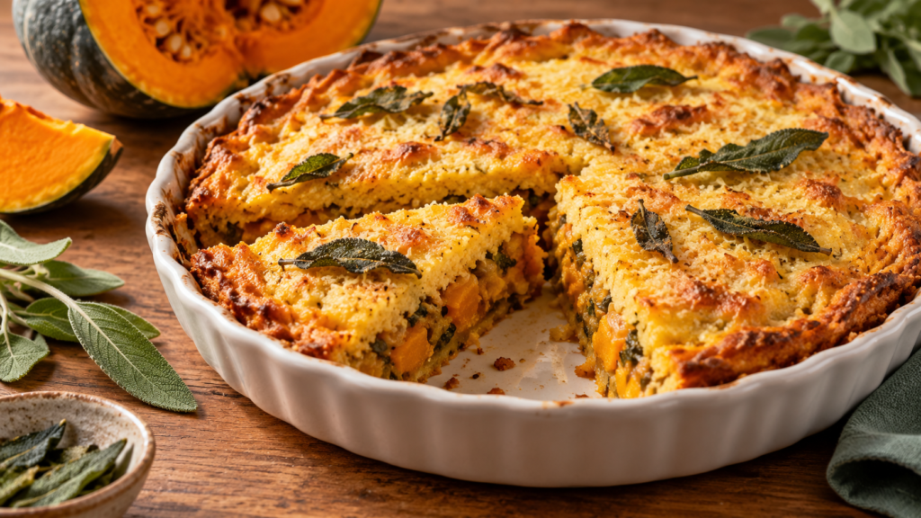 Torta cremosa de polenta com abóbora, queijo e sálvia